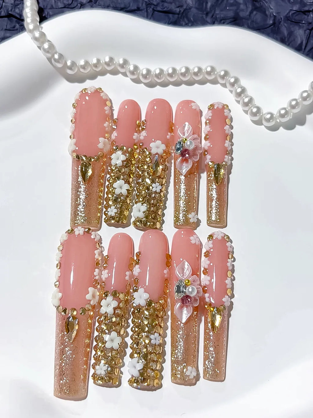 Nude Pink Gold Silver Solid color Flower Rhinestone Crystal Cluster 3D press on nails detail view