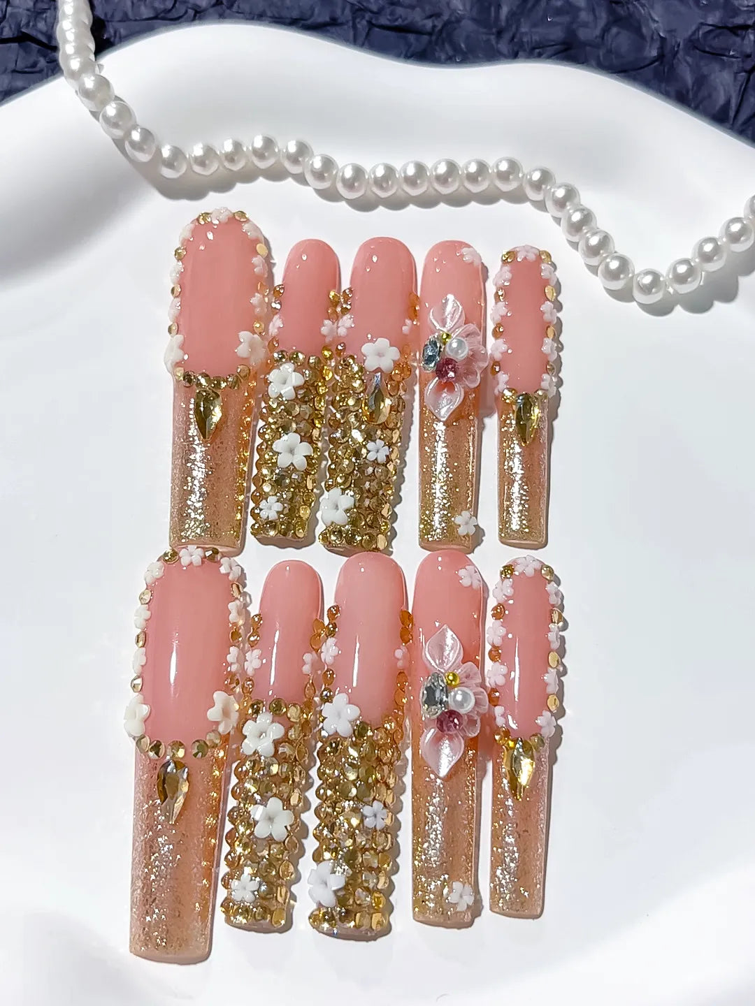 Nude Pink Gold Silver Solid color Flower Rhinestone Crystal Cluster 3D press on nails detail view