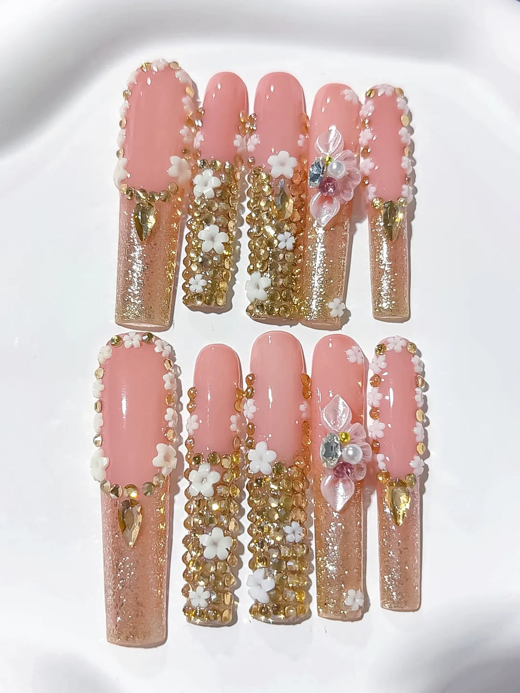 Nude Pink Gold Silver Solid color Flower Rhinestone Crystal Cluster 3D press on nails detail view