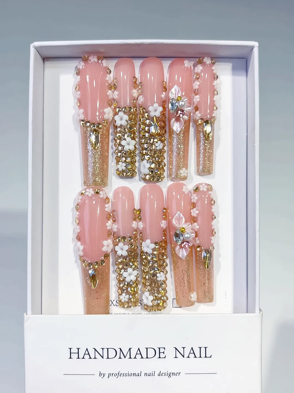 Nude Pink Gold Silver Solid color Flower Rhinestone Crystal Cluster 3D press on nails full set view