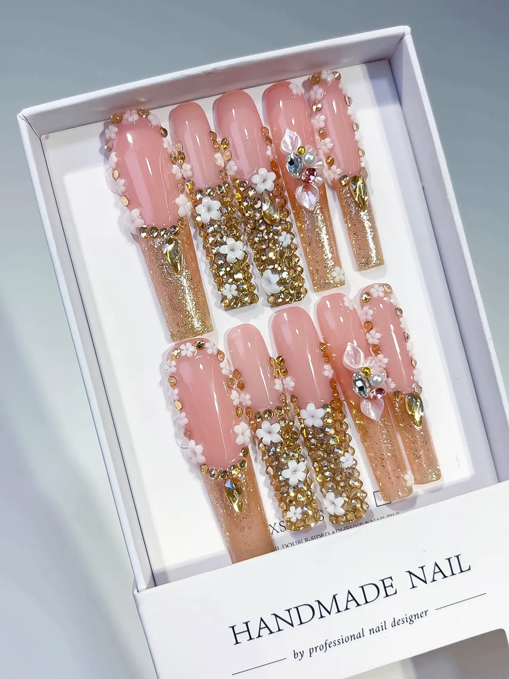 Nude Pink Gold Silver Solid color Flower Rhinestone Crystal Cluster 3D press on nails angled view