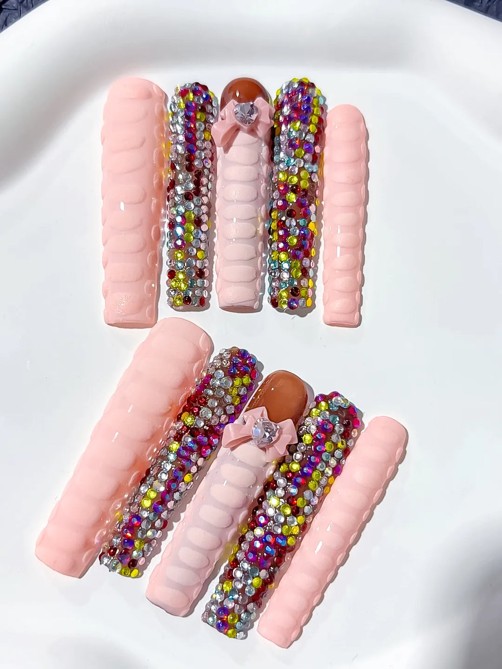 Nude Pink Purple Gold Solid color Rhinestone Crystal Cluster press on nails detail view