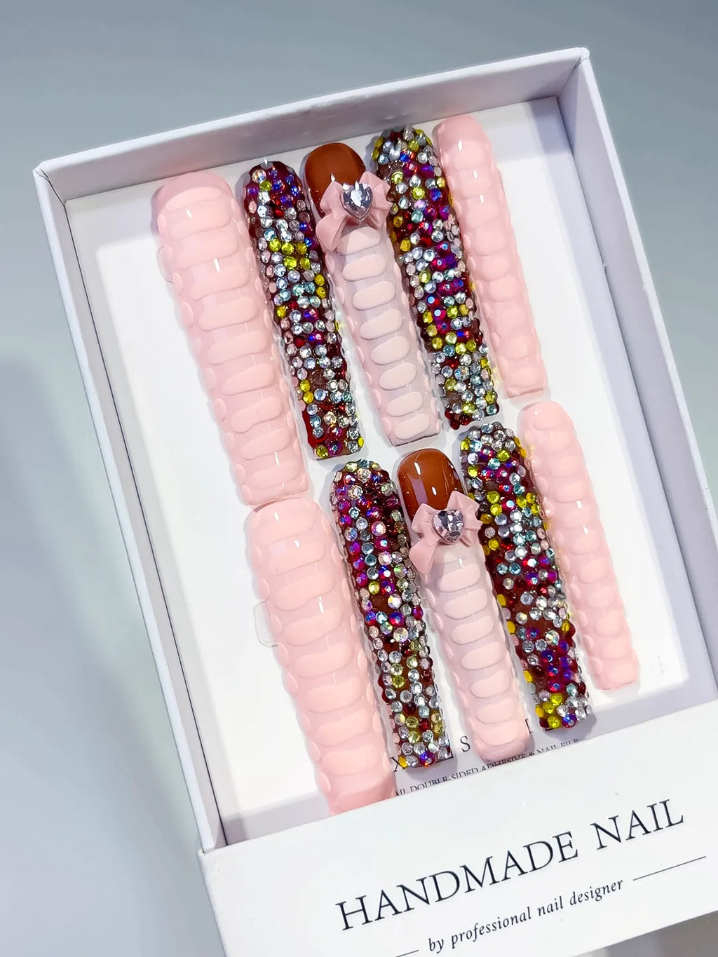 Nude Pink Purple Gold Solid color Rhinestone Crystal Cluster press on nails angled view