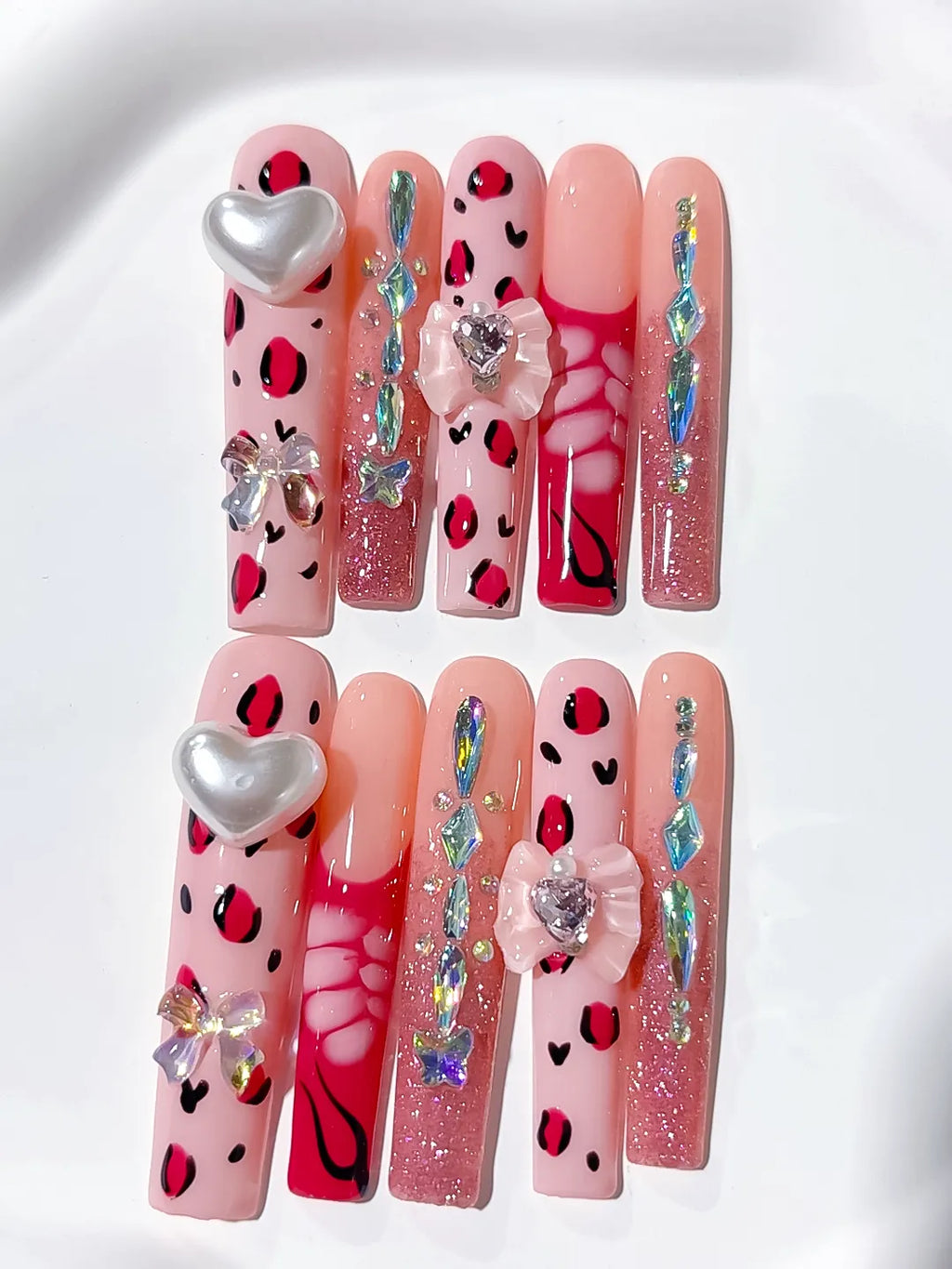 Pink White Red Solid color Flower Rhinestone 3D press on nails close up