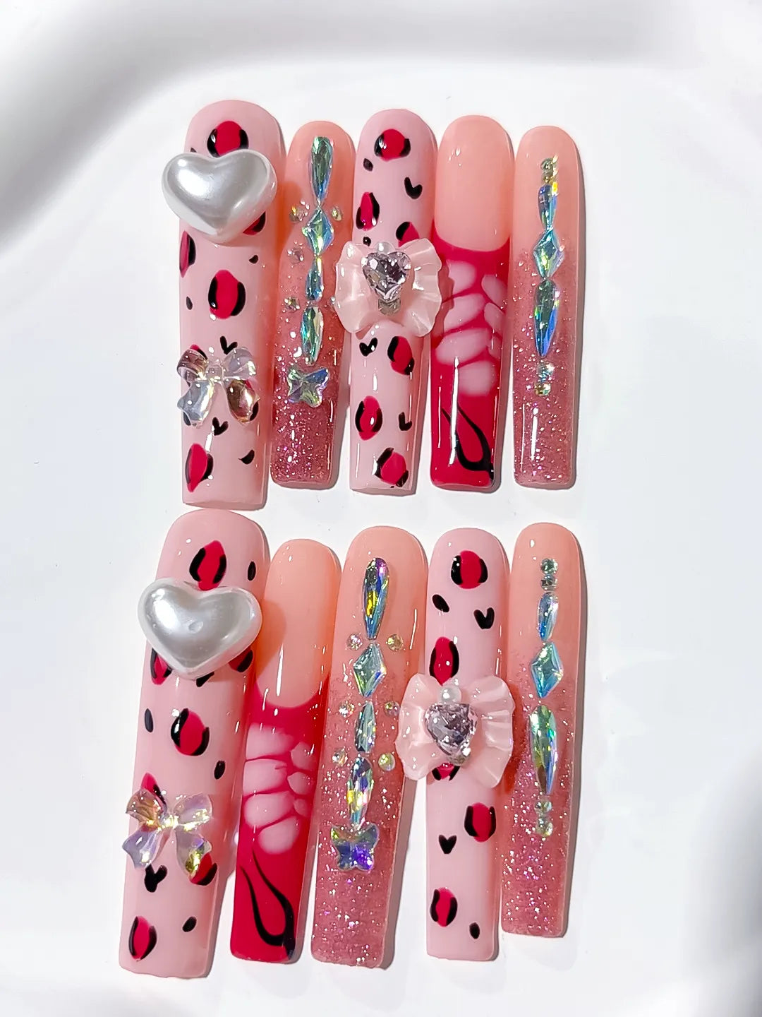 Pink White Red Solid color Flower Rhinestone 3D press on nails close up