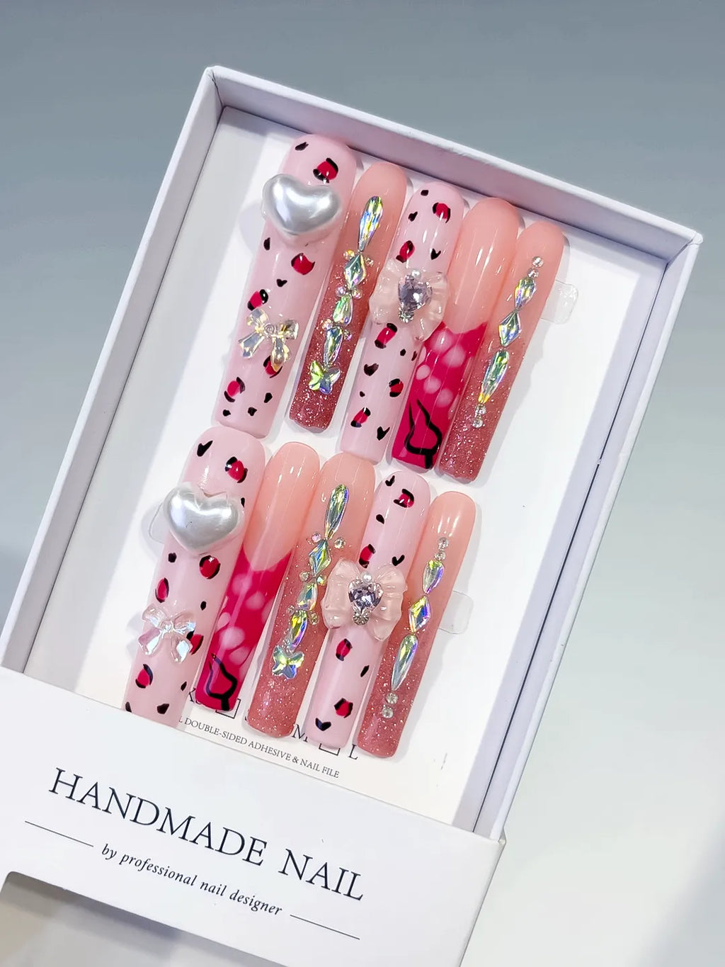 Pink White Red Solid color Flower Rhinestone 3D press on nails