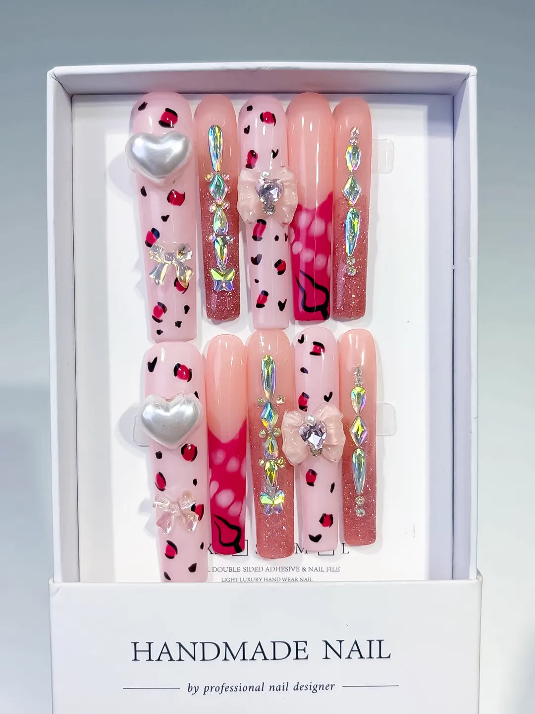 Pink White Red Solid color Flower Rhinestone 3D press on nails full set view