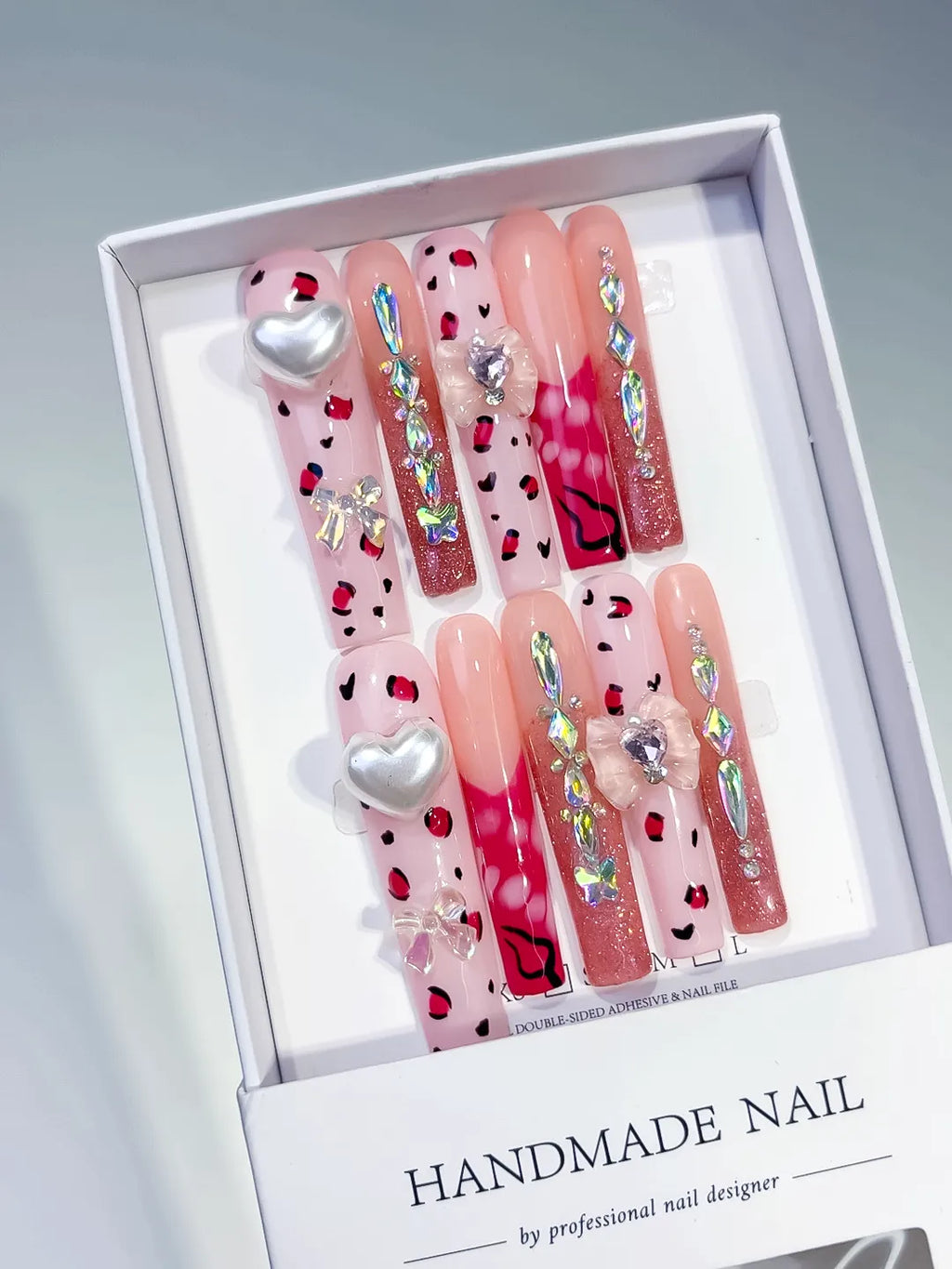 Pink White Red Solid color Flower Rhinestone 3D press on nails angled view