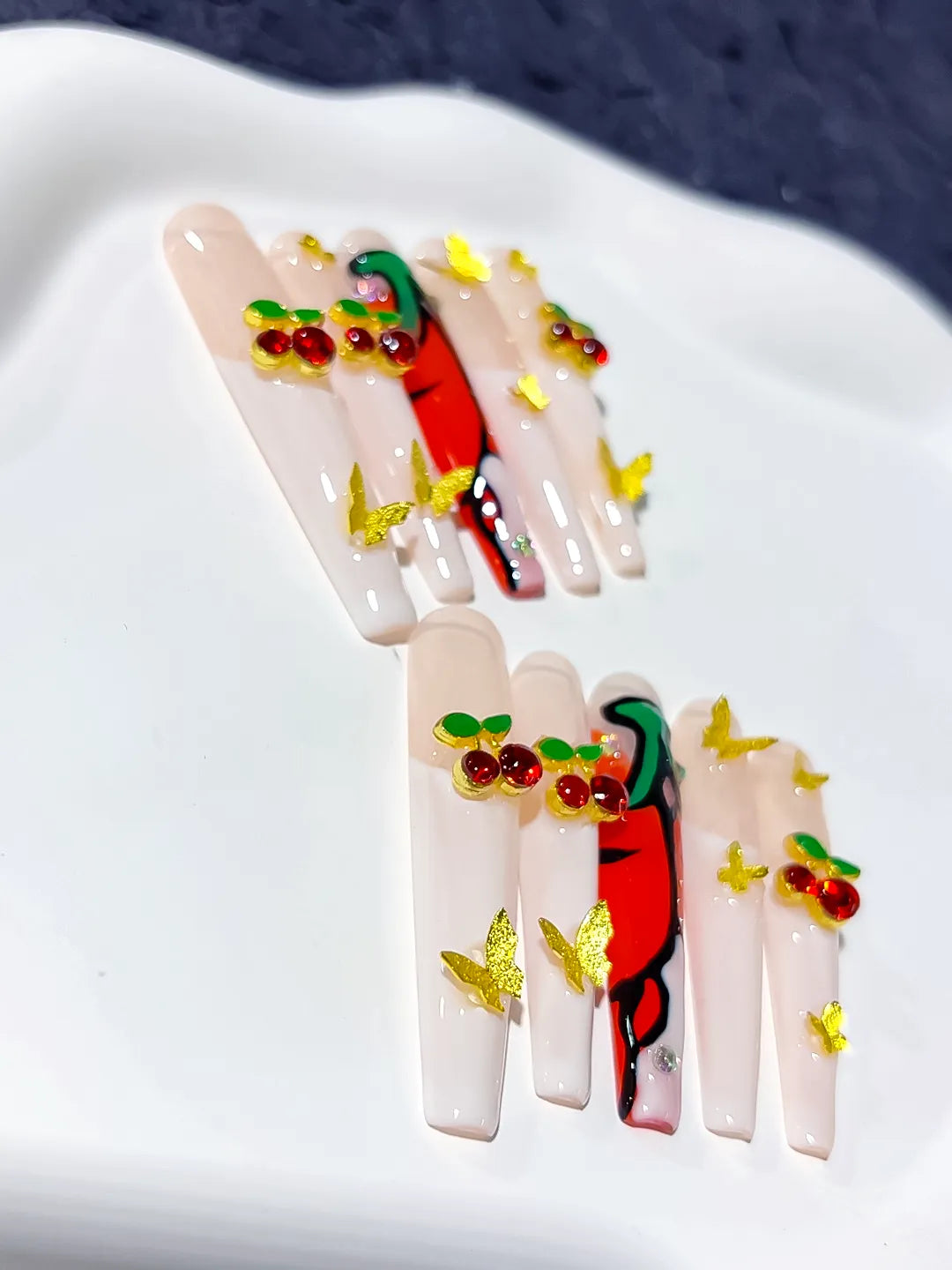 White Red Green Floral Cherry Rhinestone press on nails close up