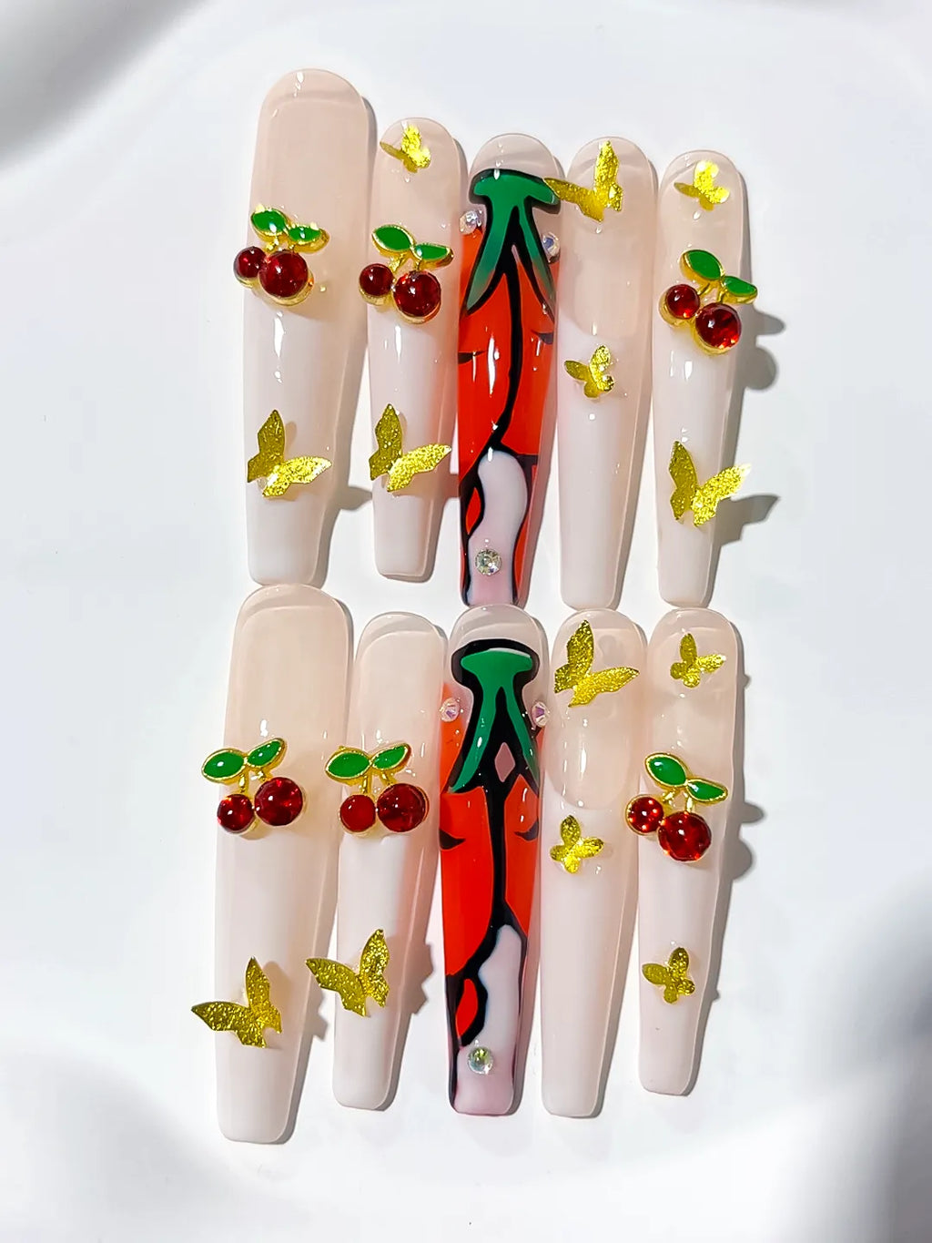White Red Green Floral Cherry Rhinestone press on nails detail view