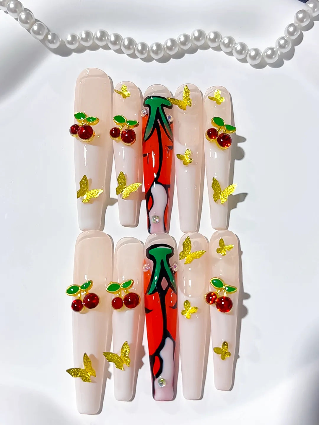White Red Green Floral Cherry Rhinestone press on nails detail view