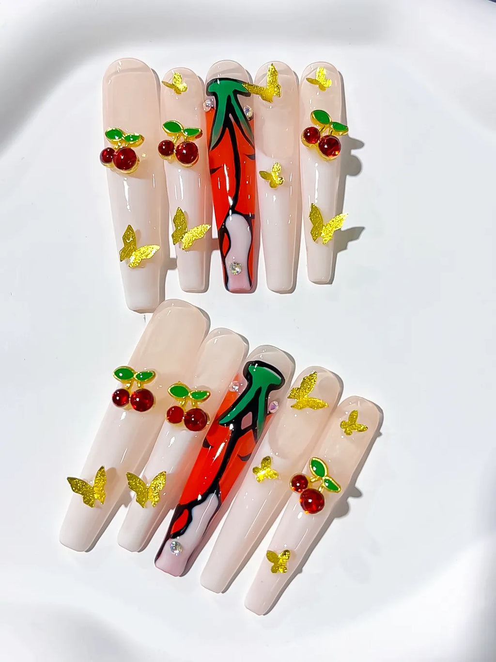 White Red Green Floral Cherry Rhinestone press on nails detail view