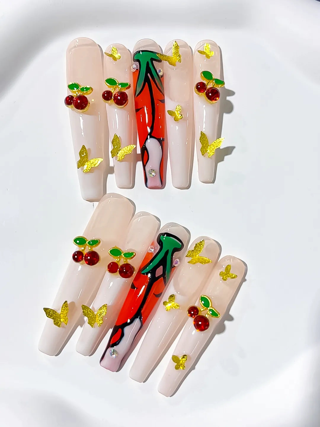 White Red Green Floral Cherry Rhinestone press on nails detail view