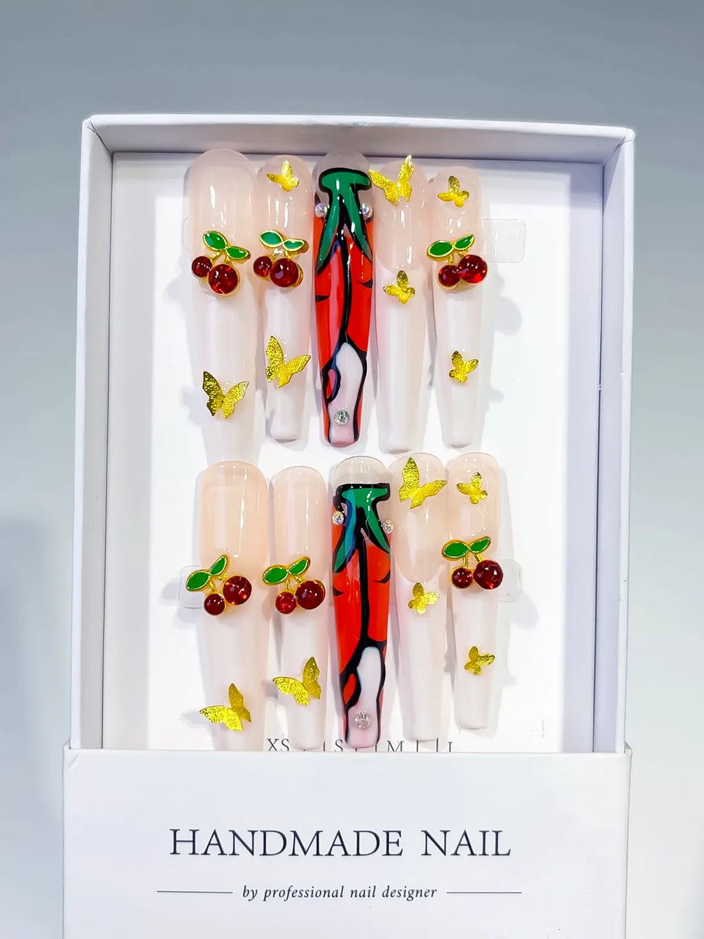 White Red Green Floral Cherry Rhinestone press on nails full set view