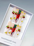 White Red Green Floral Cherry Rhinestone press on nails