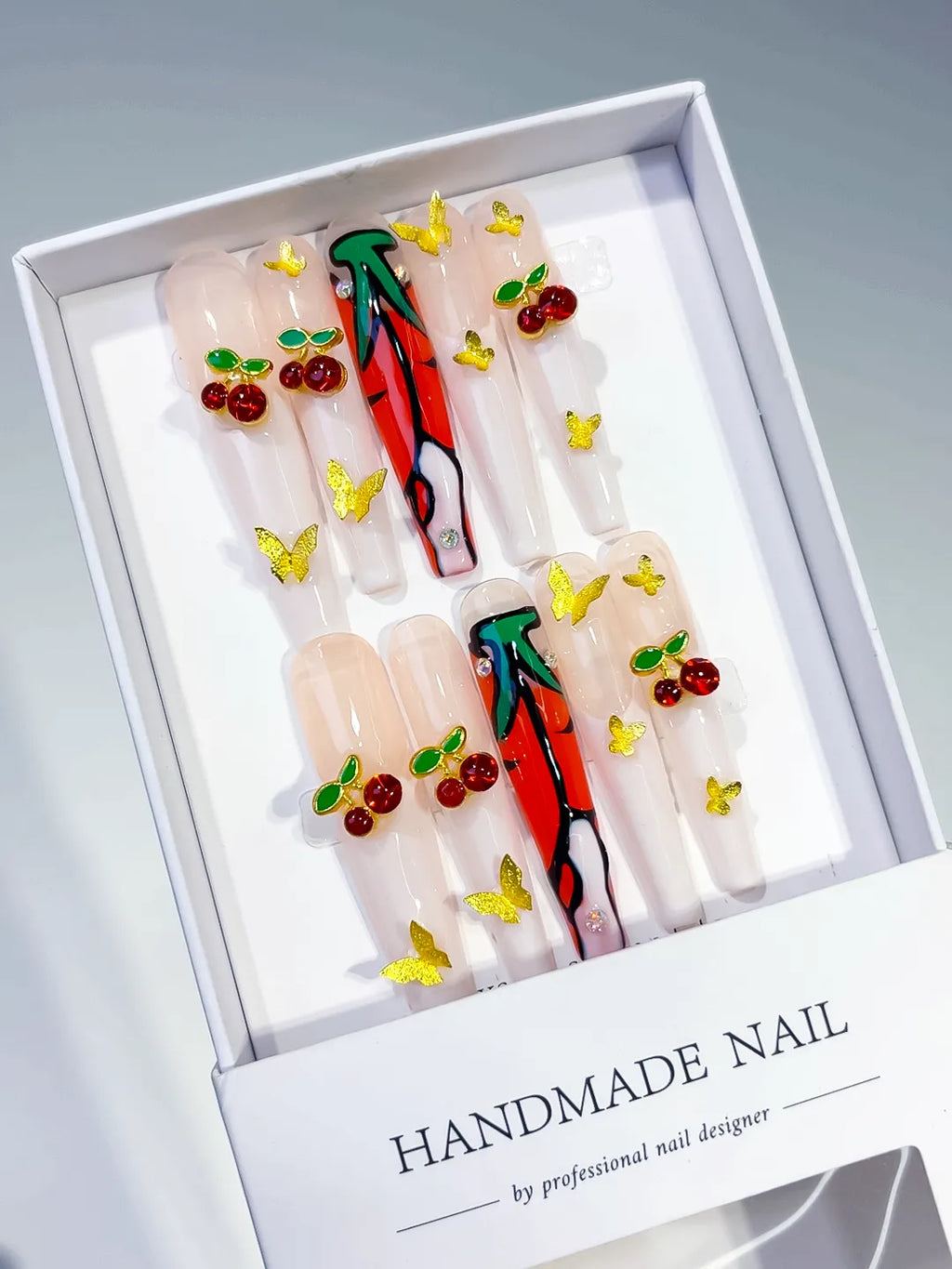 White Red Green Floral Cherry Rhinestone press on nails angled view