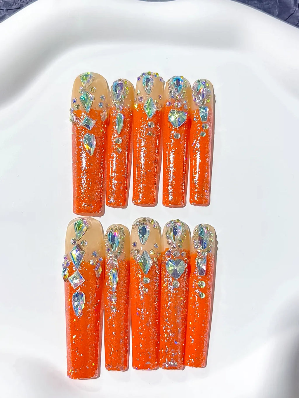 Orange Solid color press on nails close up