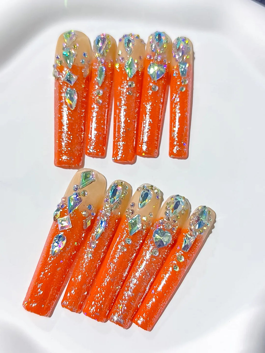 Orange Solid color press on nails detail view