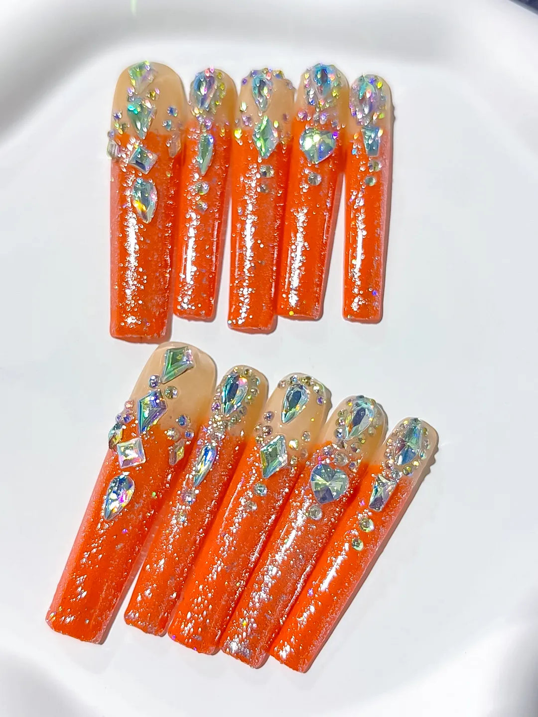 Orange Solid color press on nails detail view