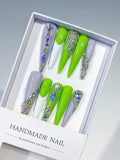 Green Silver Solid color Rhinestone Metallic Accent press on nails