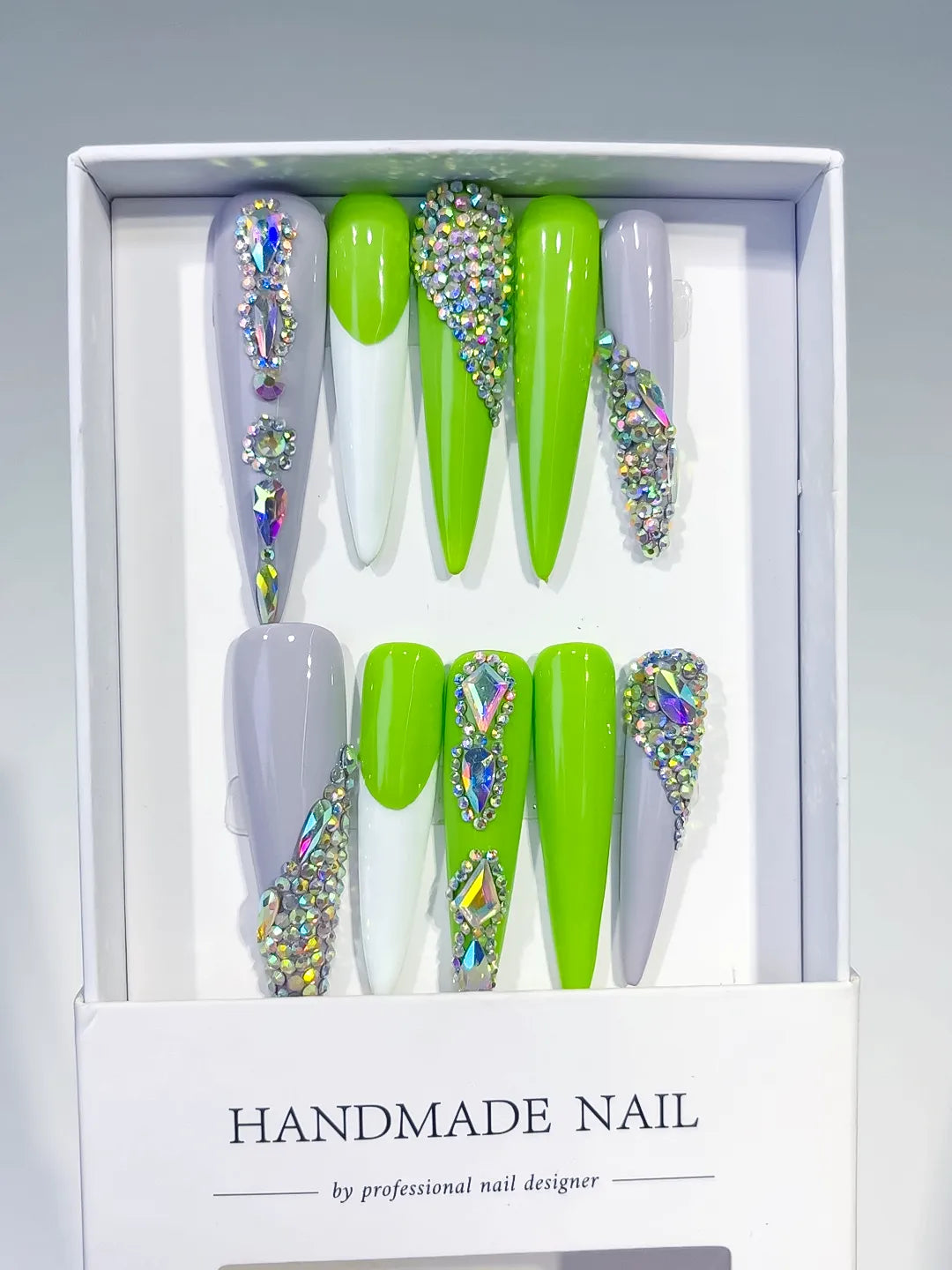 Green Silver Solid color Rhinestone Metallic Accent press on nails full set view