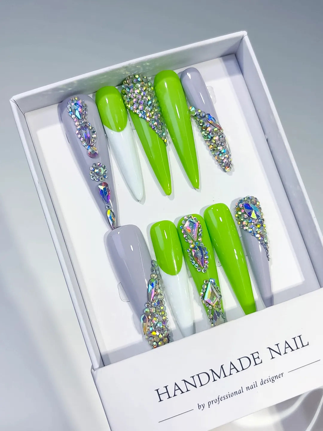 Green Silver Solid color Rhinestone Metallic Accent press on nails angled view