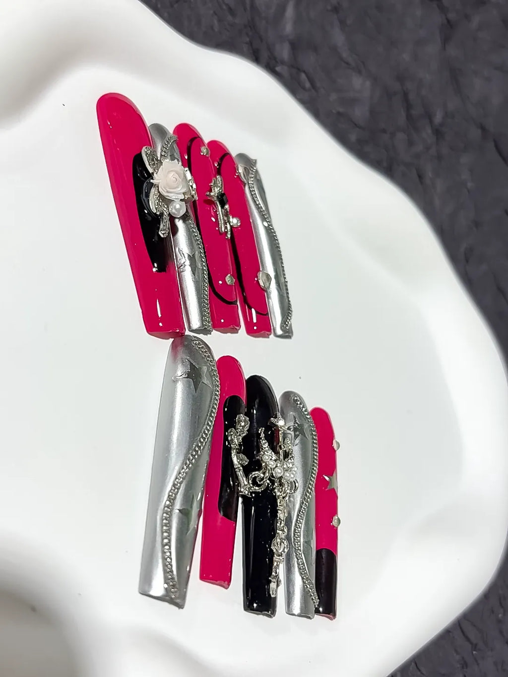 Pink Black Silver Abstract Heart Rhinestone Metallic Accent press on nails close up