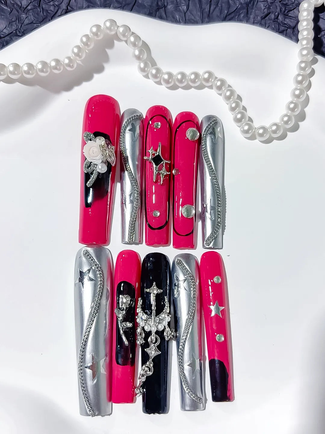 Pink Black Silver Abstract Heart Rhinestone Metallic Accent press on nails detail view