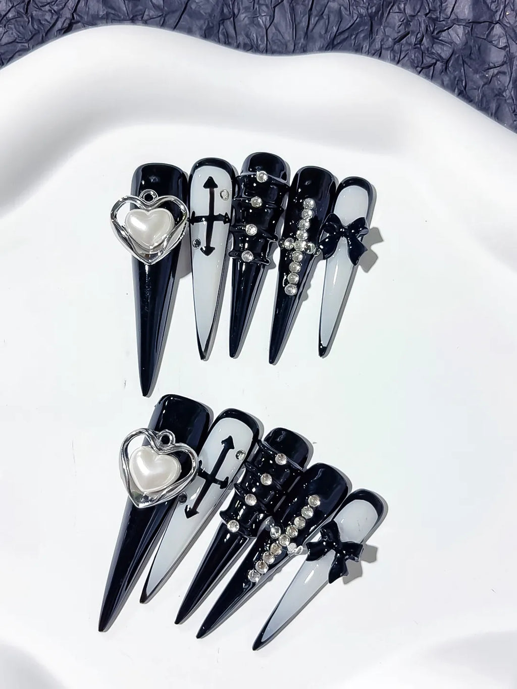 Black White Silver Abstract Bow Rhinestone 3D press on nails detail view
