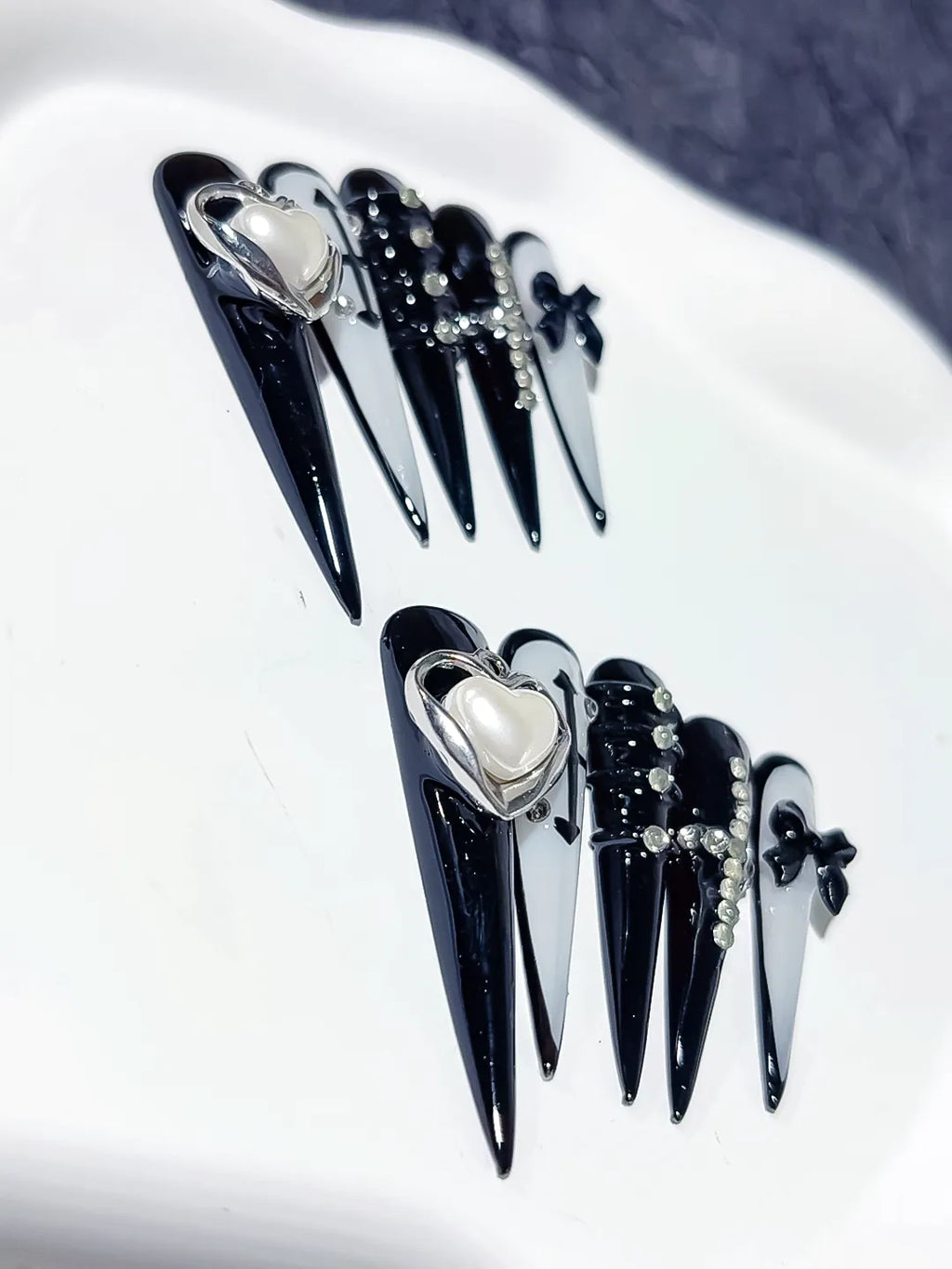 Black White Silver Abstract Bow Rhinestone 3D press on nails detail view