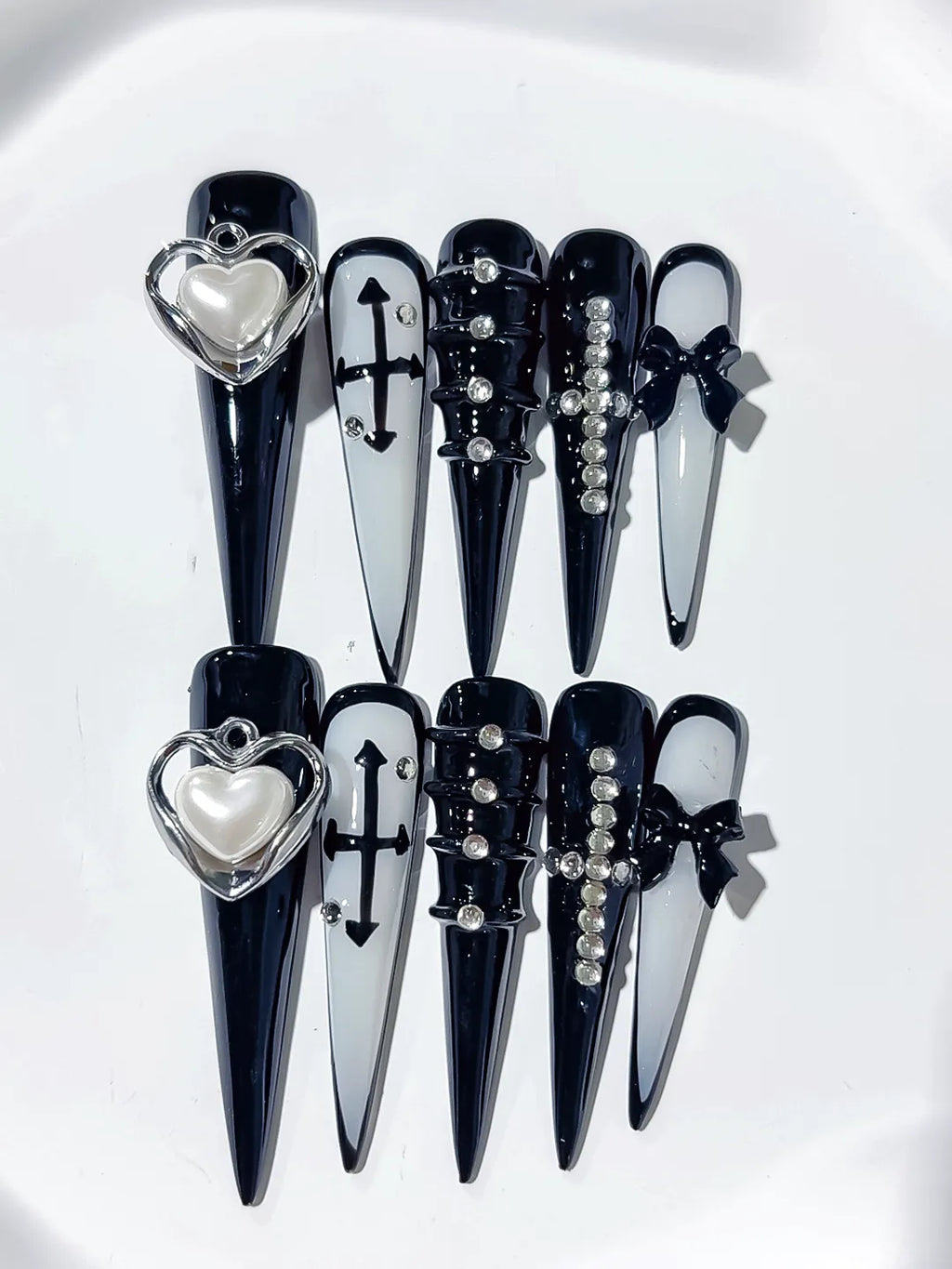Black White Silver Abstract Bow Rhinestone 3D press on nails detail view