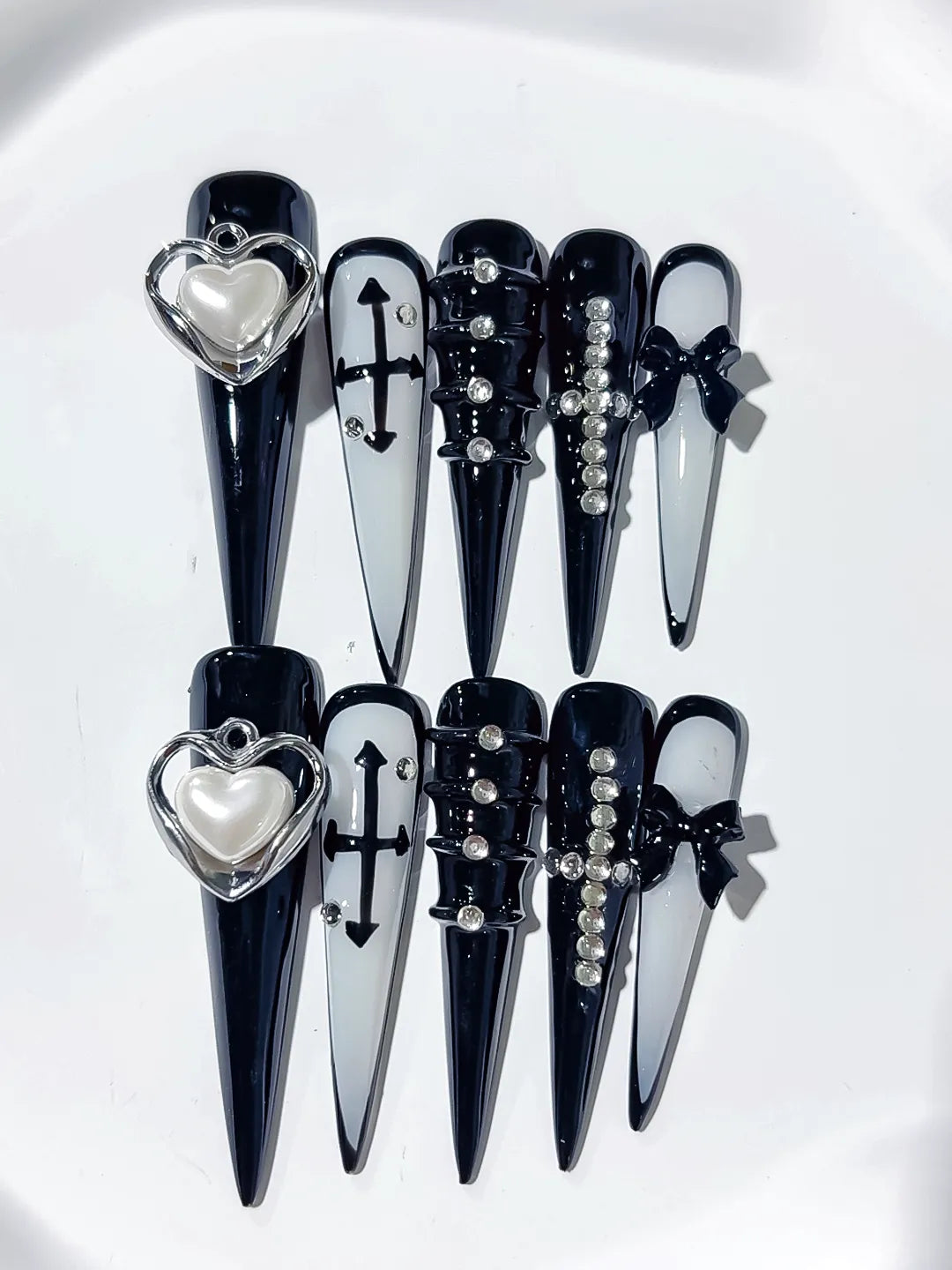 Black White Silver Abstract Bow Rhinestone 3D press on nails detail view