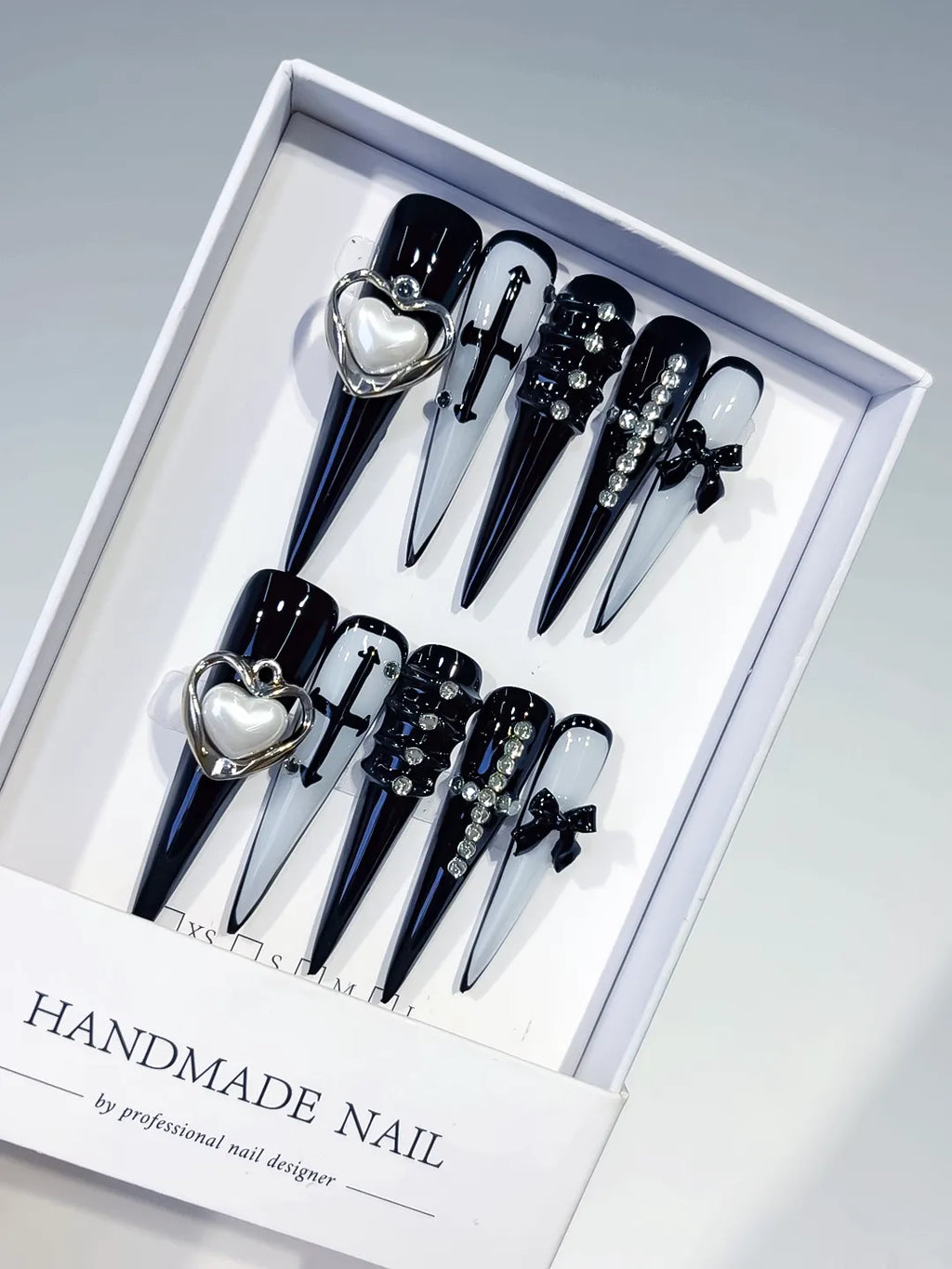 Black White Silver Abstract Bow Rhinestone 3D press on nails