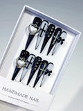 Black White Silver Abstract Bow Rhinestone 3D press on nails