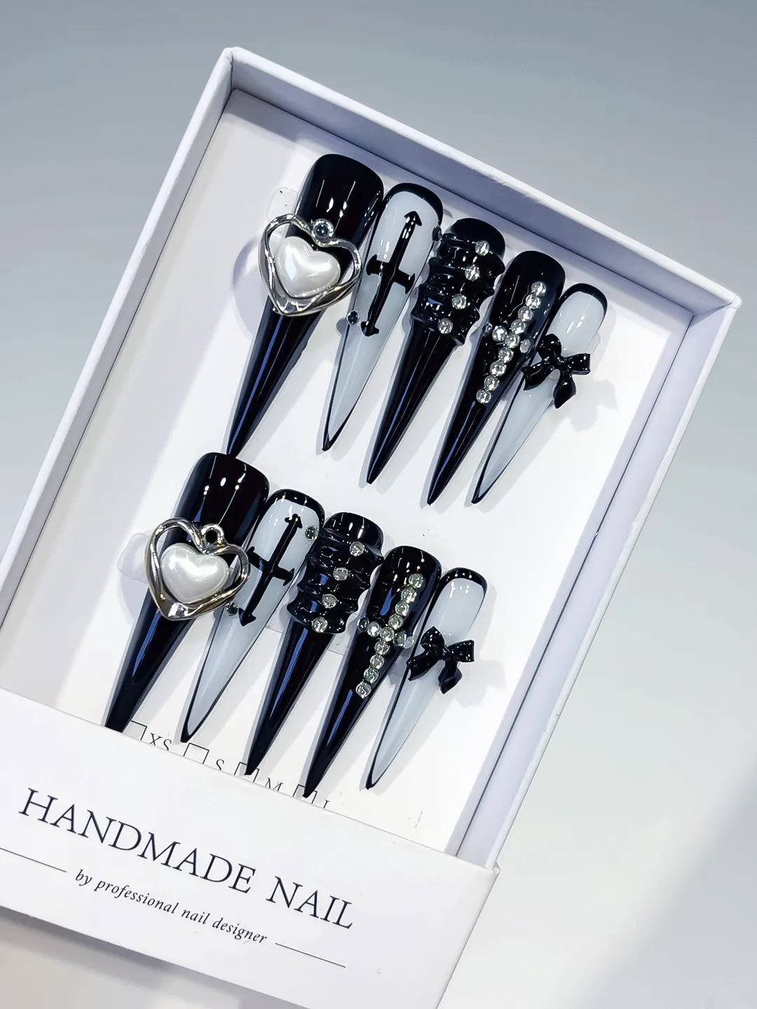 Black White Silver Abstract Bow Rhinestone 3D press on nails