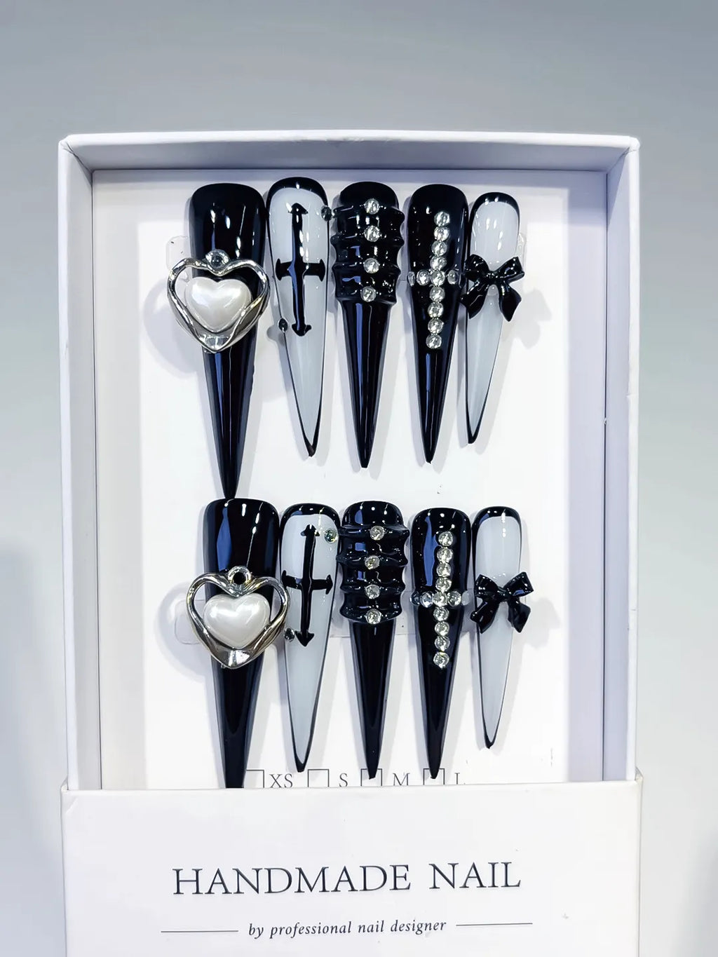 Black White Silver Abstract Bow Rhinestone 3D press on nails full set view