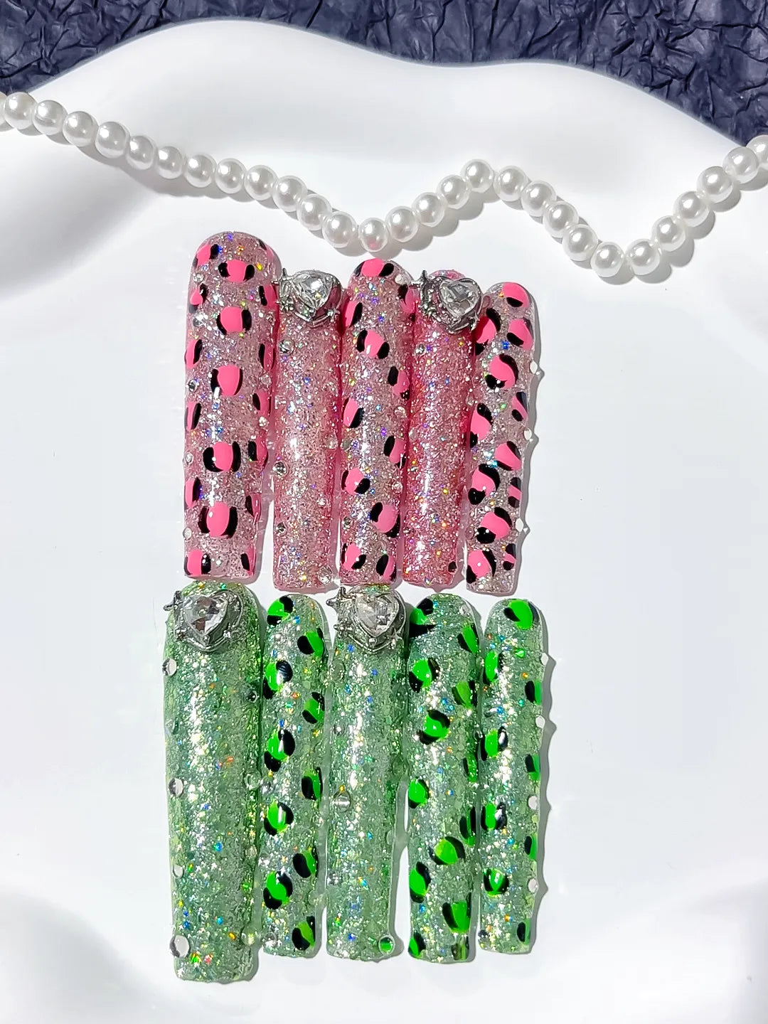 Pink Green Abstract Texture press on nails close up
