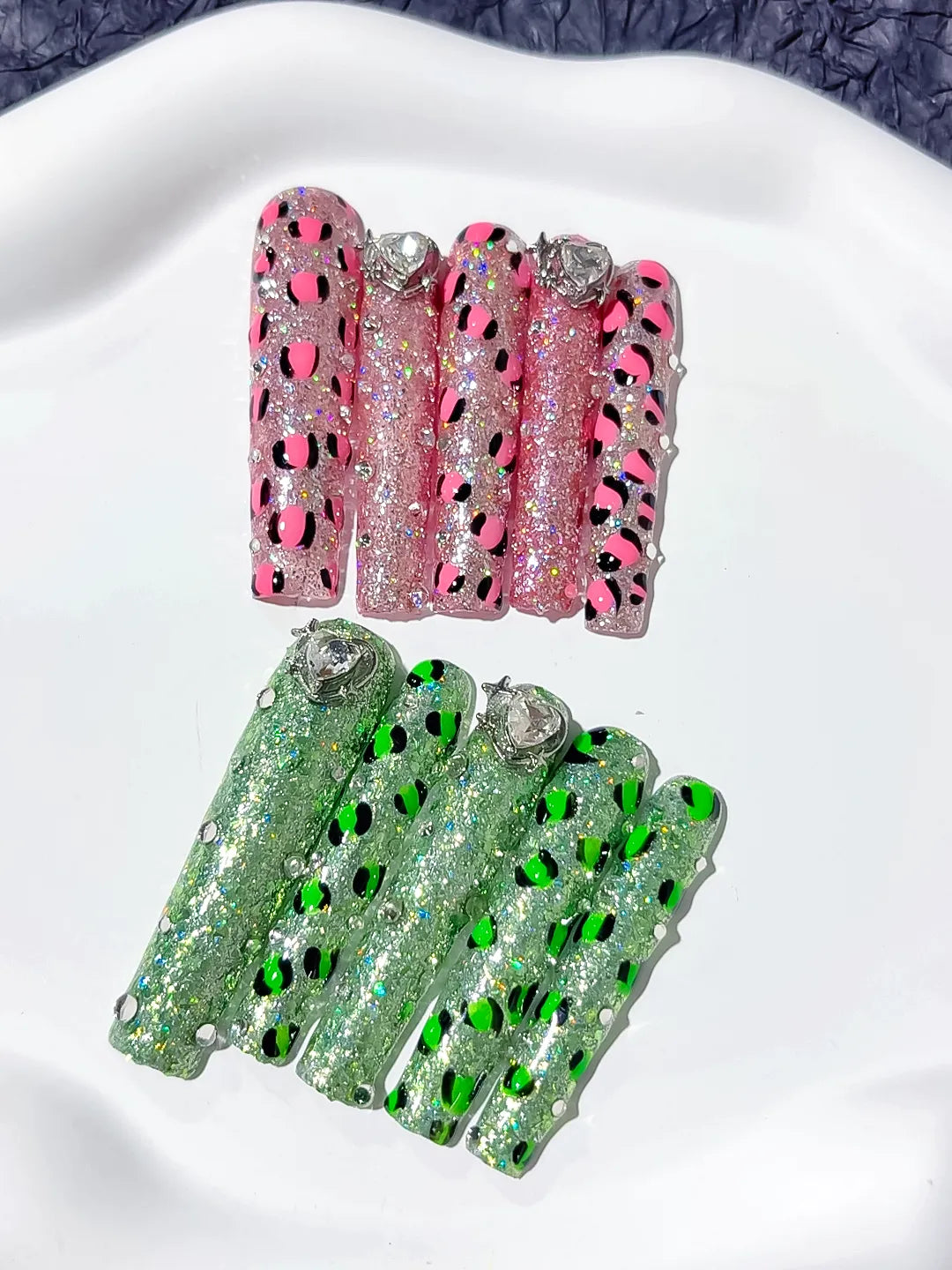 Pink Green Abstract Texture press on nails detail view