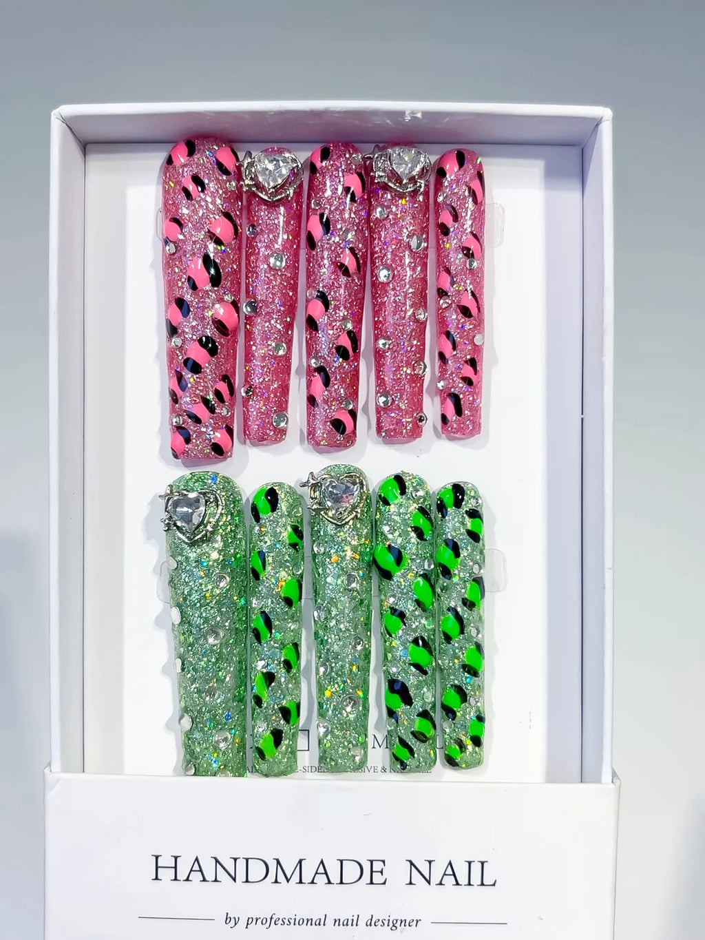 Pink Green Abstract Texture press on nails full set view