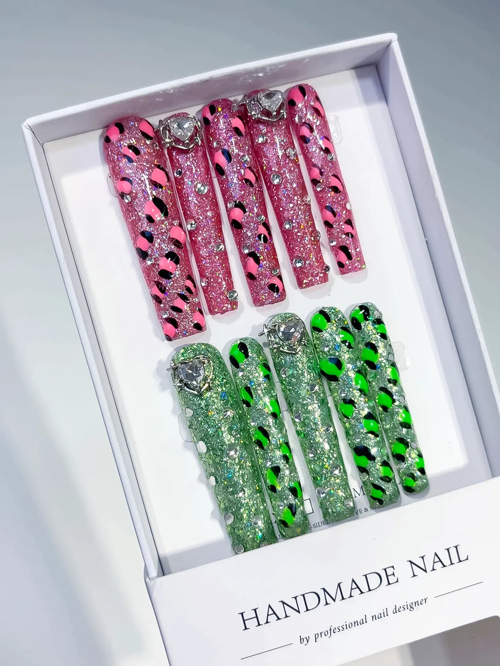 Pink Green Abstract Texture press on nails angled view