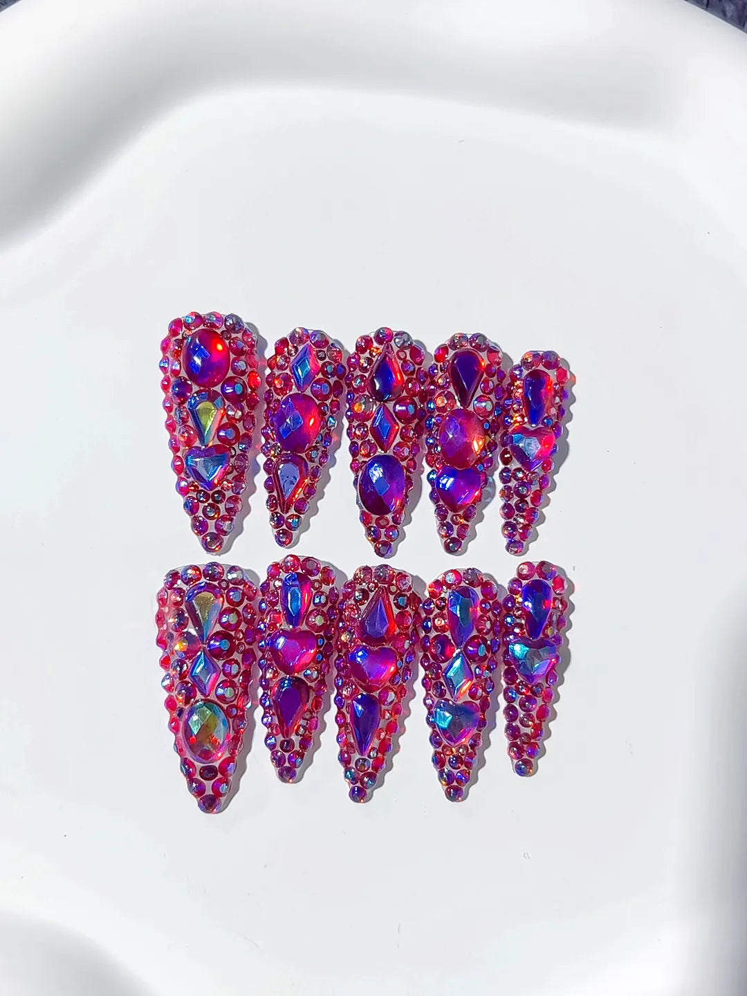 Purple Silver Glitter Rhinestone press on nails detail view