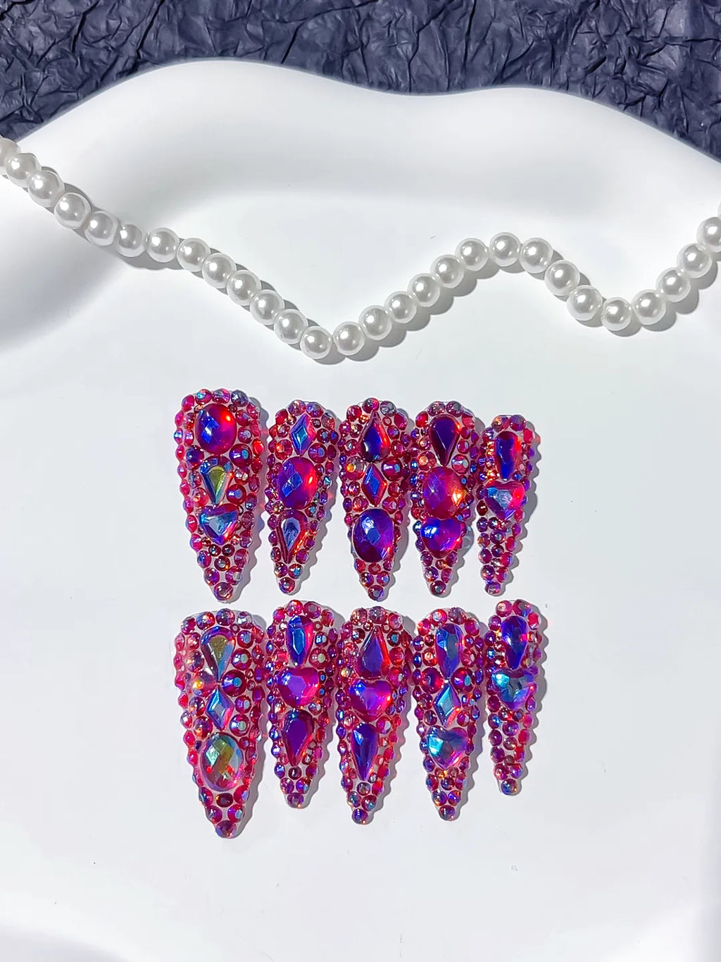 Purple Silver Glitter Rhinestone press on nails detail view