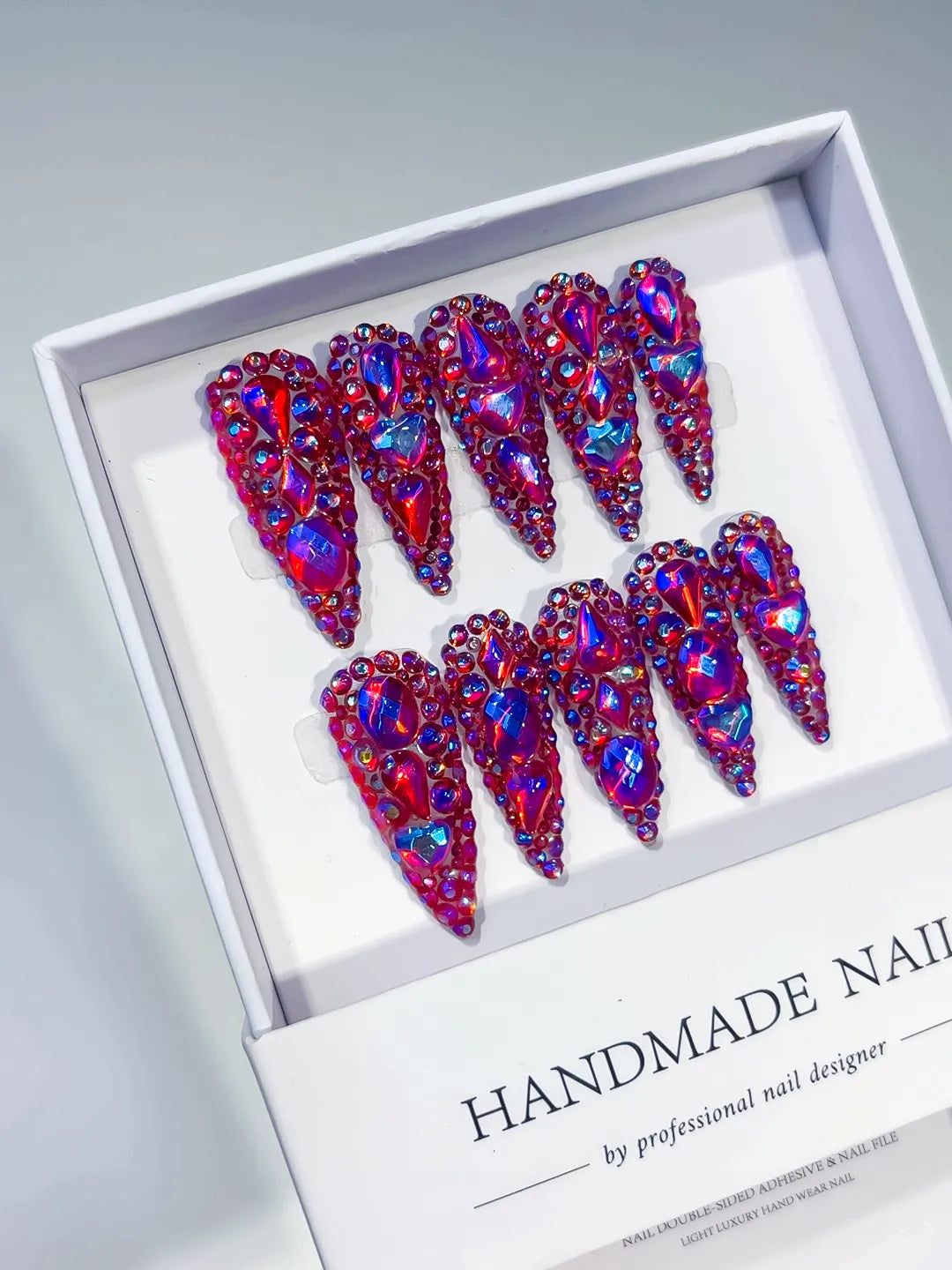 Purple Silver Glitter Rhinestone press on nails angled view