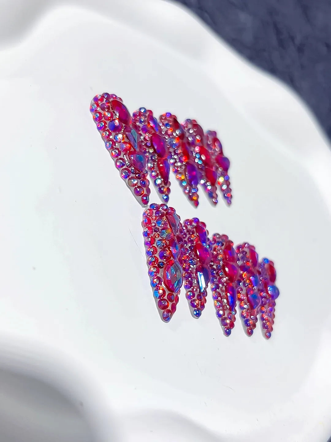 Purple Silver Glitter Rhinestone press on nails close up