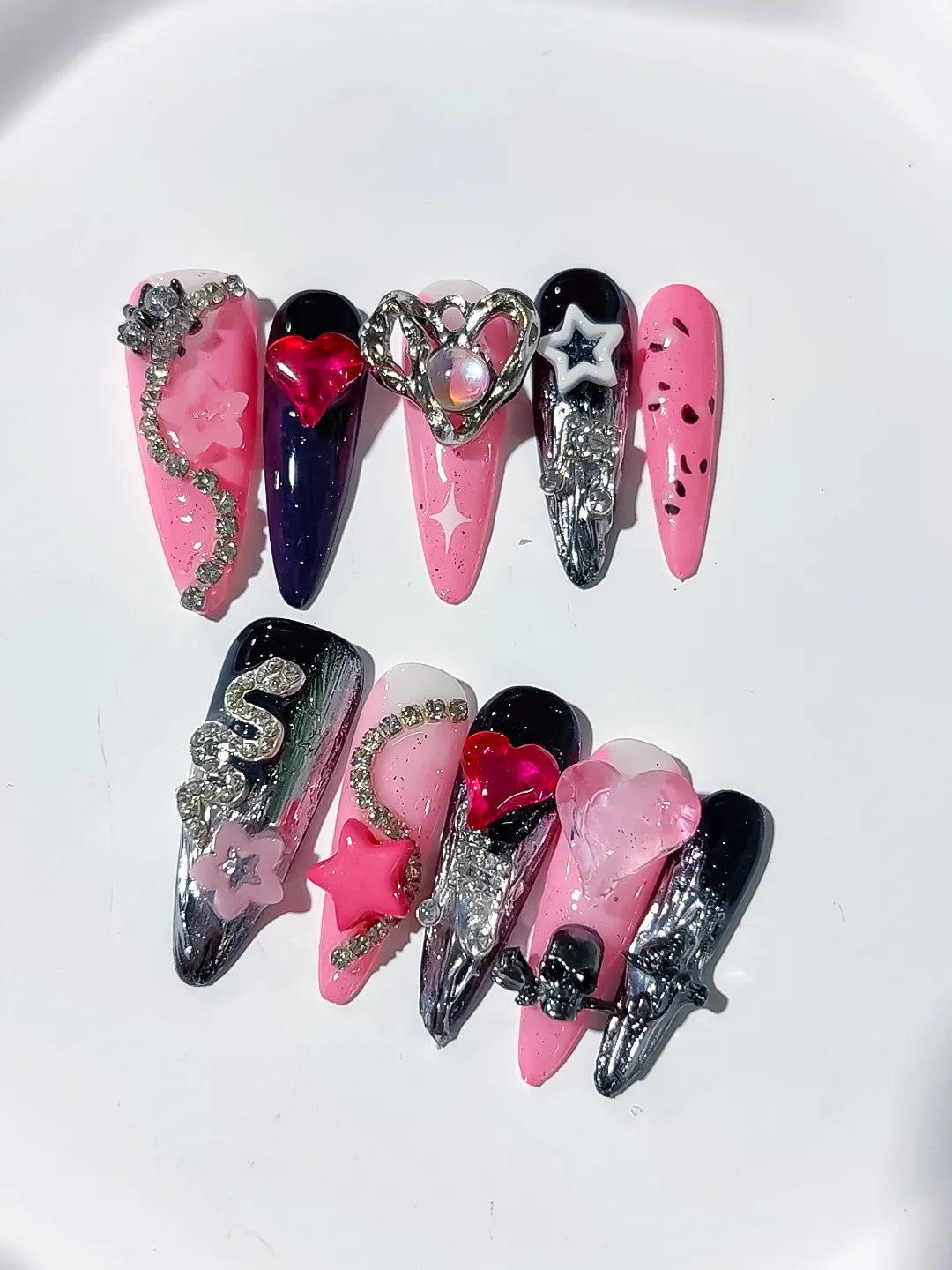 Pink Black Abstract Bow Flower 3D press on nails detail view