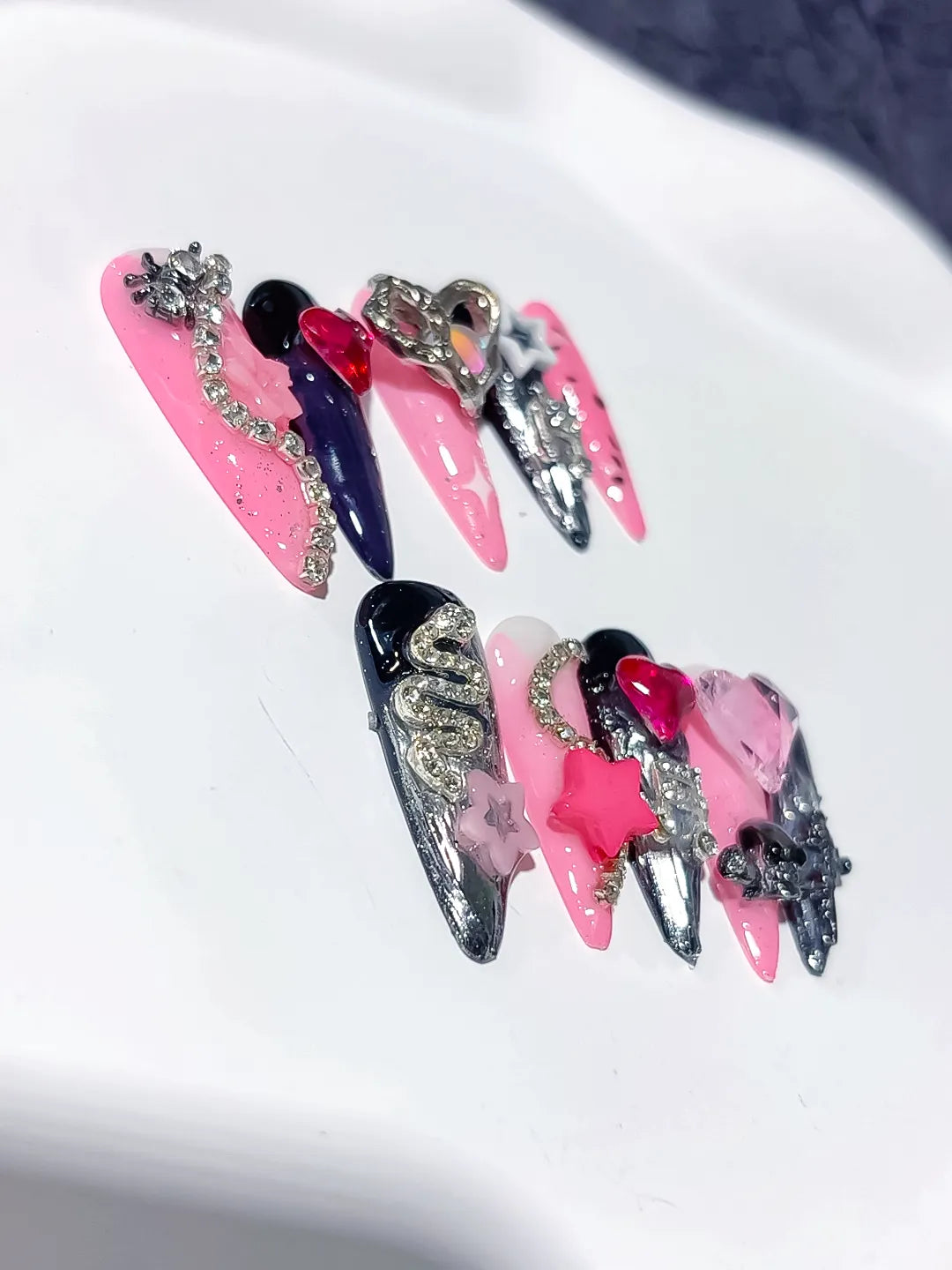 Pink Black Abstract Bow Flower 3D press on nails detail view