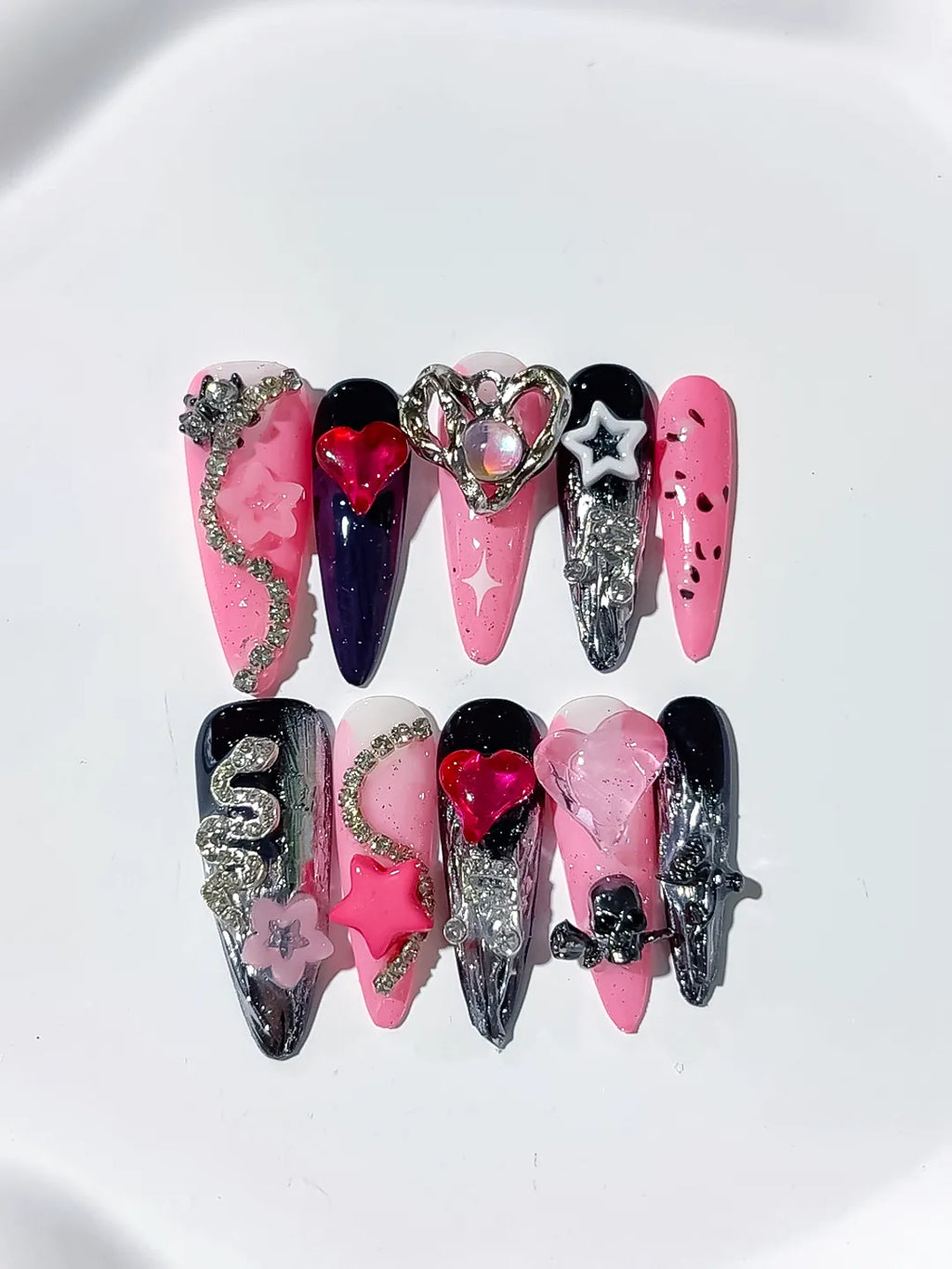 Pink Black Abstract Bow Flower 3D press on nails detail view