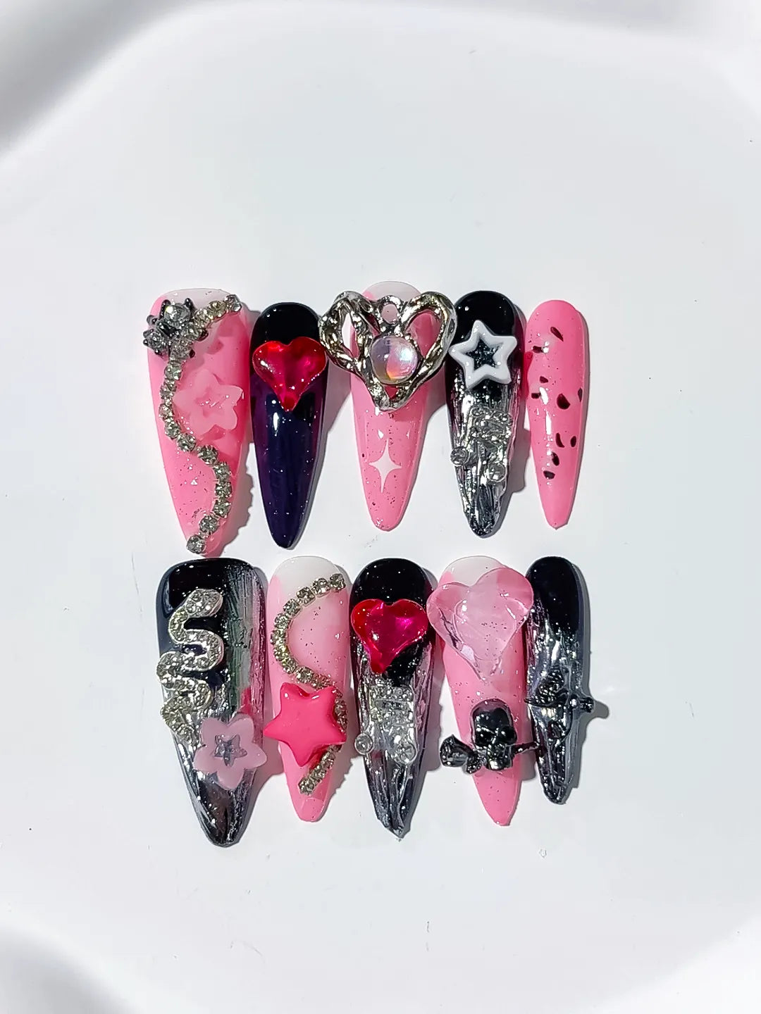 Pink Black Abstract Bow Flower 3D press on nails detail view