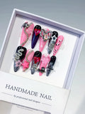 Pink Black Abstract Bow Flower 3D press on nails