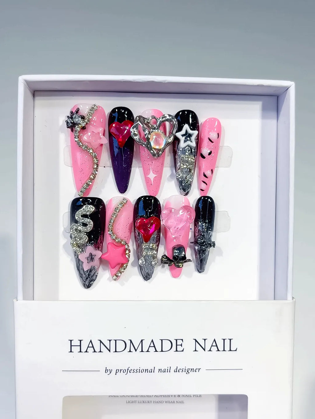 Pink Black Abstract Bow Flower 3D press on nails full set view